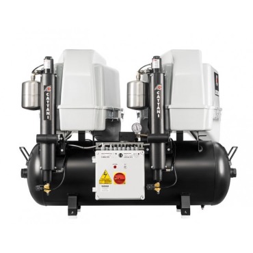 Cattani 100-320 C - безмасляный компрессор для 5-ти стоматологических установок, 2 мотора по 2 цилиндра, с 2 осушителями, с пластиковым кожухом, с ресивером 100 л, 320 л/мин